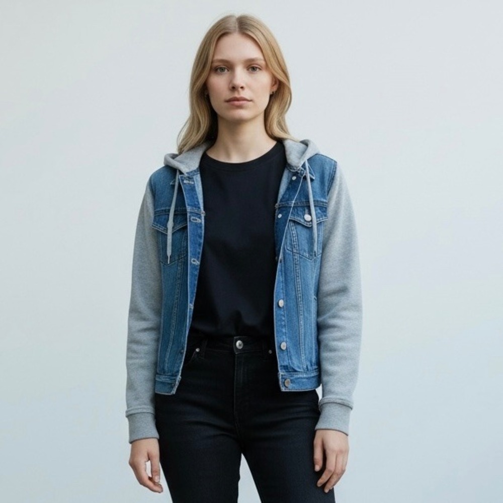 New Look Womens Mixed Media Denim Hoodie Jacket Blue Grey Size M